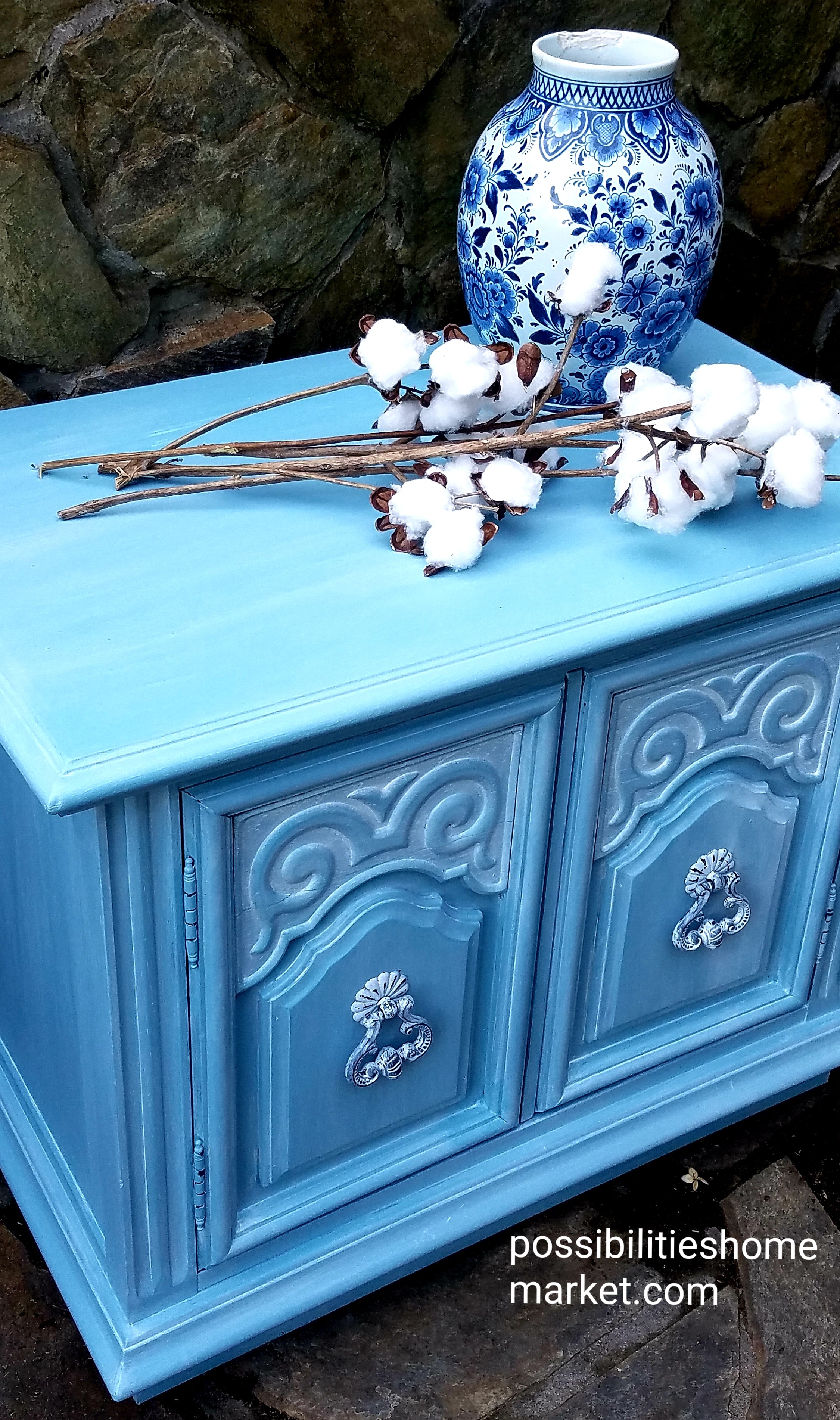 Blue Nightstand with White Washed Finish
