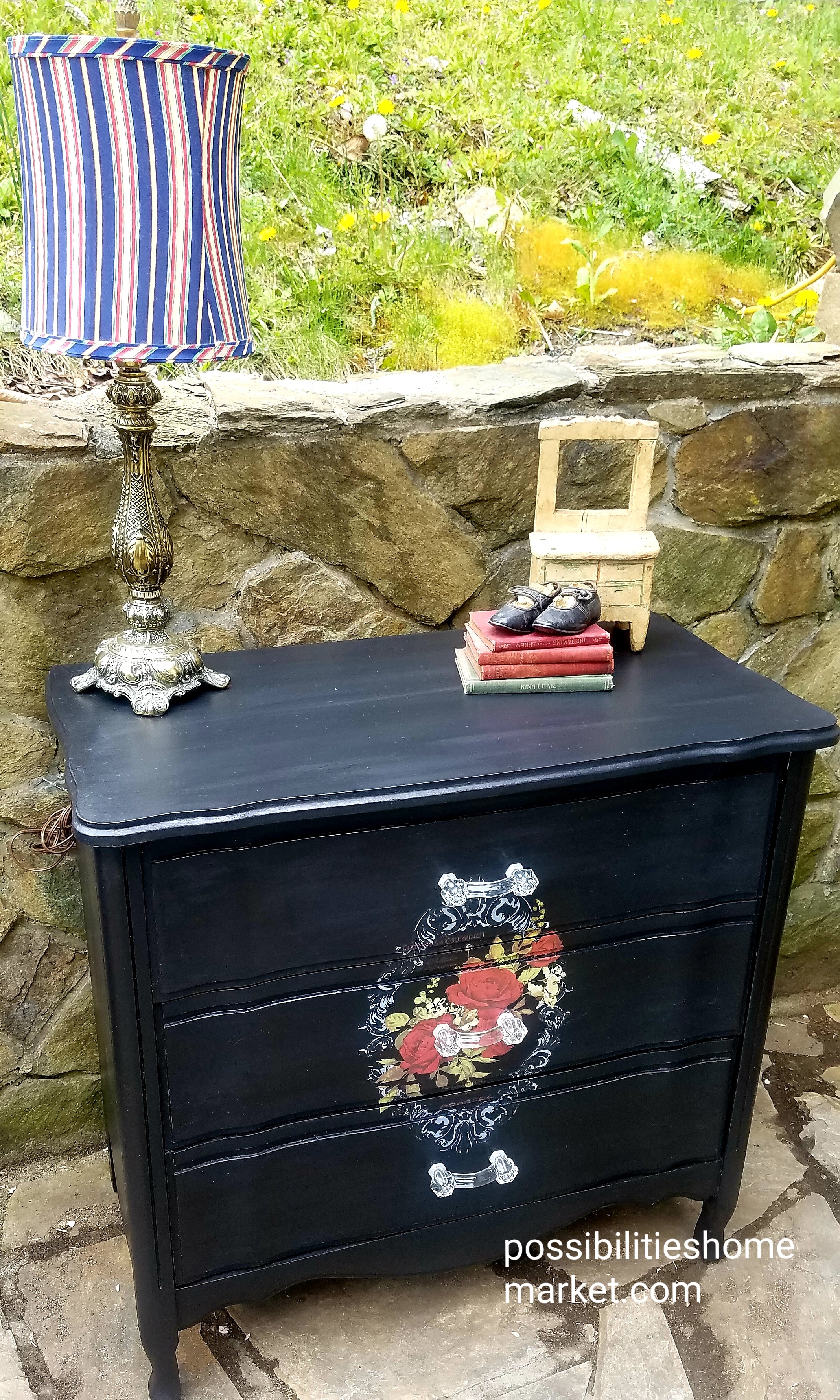 3 Drawer Black Chest with Rose Transfer