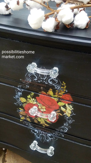 3 Drawer Black Chest with Rose Transfer