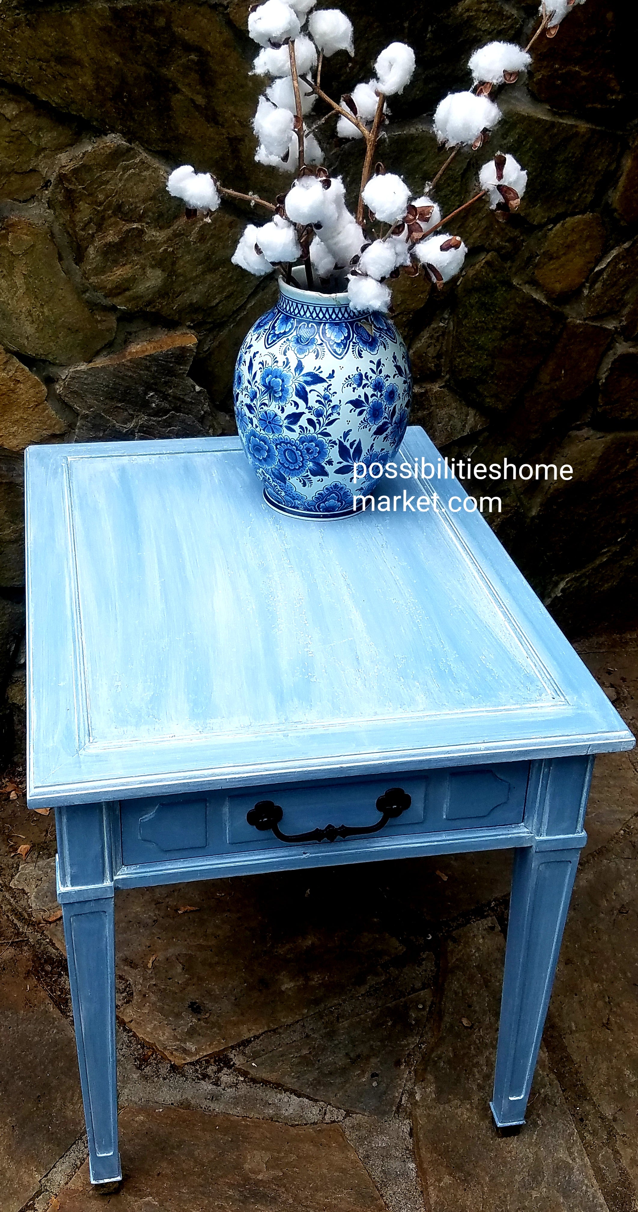 Blue One Drawer Side Table / End Table with White Wash Finish