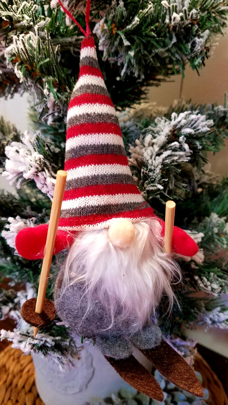 Plush Gnome Skier Christmas Ornament